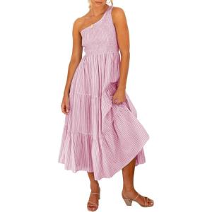 imageBTFBM 2025 Summer One Shoulder Dresses for Women Casual Sleeveless High Waist Floral Flowy Smocked Boho Beach Maxi DressStriped Pink