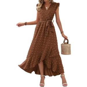 imageBTFBM Women V Neck Summer Dress 2025 Cap Sleeve Swiss Dot Boho Flowy Ruffle Slit Beach Party Long Maxi Cocktail DressesSwiss Dot Brown