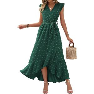 imageBTFBM Women V Neck Summer Dress 2025 Cap Sleeve Swiss Dot Boho Flowy Ruffle Slit Beach Party Long Maxi Cocktail DressesSwiss Dot Dark Green