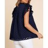 imageBTFBM Casual Summer Tops for Women 2025 Short Ruffle Sleeves Shirts Crew Neck Hollow Out Lace Embroidered BlousesNavy