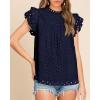 imageBTFBM Casual Summer Tops for Women 2025 Short Ruffle Sleeves Shirts Crew Neck Hollow Out Lace Embroidered BlousesNavy