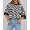 imageBTFBM Women Oversized Striped T Shirts Short Sleeve Summer Tops Casual Loose Crewneck High Low Hem Color Block Y2k TeesBlack White