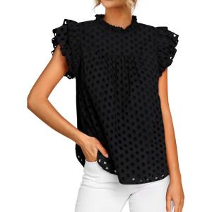 imageBTFBM Casual Summer Tops for Women 2025 Short Ruffle Sleeves Shirts Crew Neck Hollow Out Lace Embroidered BlousesBlack