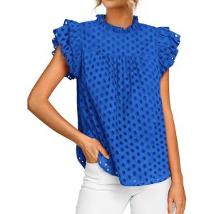 imageBTFBM Casual Summer Tops for Women 2025 Short Ruffle Sleeves Shirts Crew Neck Hollow Out Lace Embroidered BlousesBlue