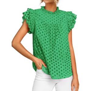 imageBTFBM Casual Summer Tops for Women 2025 Short Ruffle Sleeves Shirts Crew Neck Hollow Out Lace Embroidered BlousesGreen