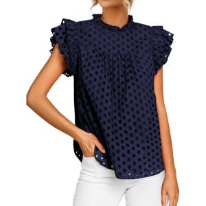 imageBTFBM Casual Summer Tops for Women 2025 Short Ruffle Sleeves Shirts Crew Neck Hollow Out Lace Embroidered BlousesNavy