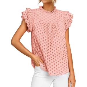 imageBTFBM Casual Summer Tops for Women 2025 Short Ruffle Sleeves Shirts Crew Neck Hollow Out Lace Embroidered BlousesPink