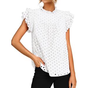 imageBTFBM Casual Summer Tops for Women 2025 Short Ruffle Sleeves Shirts Crew Neck Hollow Out Lace Embroidered BlousesWhite