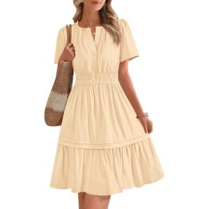 imageBTFBM Womens Casual V Neck Dresses 2025 Summer Spring Short Sleeve Sundress Smocked Waist A Line Tiered Mini DressApricot