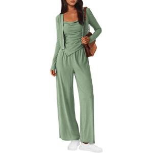 imageBTFBM Womens Fall Lounge Sets 3 Piece Outfit Tracksuits Casual Long Sleeve Tops High Waisted Sweatpants SetSolid Bean Green