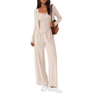 imageBTFBM Womens Fall Lounge Sets 3 Piece Outfit Tracksuits Casual Long Sleeve Tops High Waisted Sweatpants SetSolid Beige White