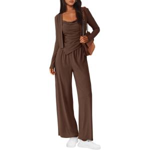 imageBTFBM Womens Fall Lounge Sets 3 Piece Outfit Tracksuits Casual Long Sleeve Tops High Waisted Sweatpants SetSolid Brown