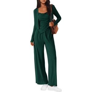 imageBTFBM Womens Fall Lounge Sets 3 Piece Outfit Tracksuits Casual Long Sleeve Tops High Waisted Sweatpants SetSolid Dark Green