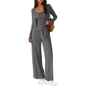 imageBTFBM Womens Fall Lounge Sets 3 Piece Outfit Tracksuits Casual Long Sleeve Tops High Waisted Sweatpants SetSolid Dark Grey