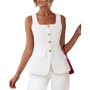 imageBTFBM Womens Sleeveless Suit Vests Dressy Casual Square Neck Business Work Waistcoat Summer Button Up Blazer Vest TopsBeige White