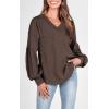 imageBTFBM Womens Casual V Neck Ribbed Knit Shirts 2025 Fall Pullover Tunic Tops Loose Balloon Long Sleeve Blouses TopSolid Brown