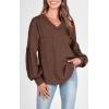 imageBTFBM Womens Casual V Neck Ribbed Knit Shirts 2025 Fall Pullover Tunic Tops Loose Balloon Long Sleeve Blouses TopSolid Caramel