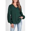 imageBTFBM Womens Casual V Neck Ribbed Knit Shirts 2025 Fall Pullover Tunic Tops Loose Balloon Long Sleeve Blouses TopSolid Dark Green