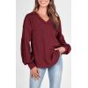 imageBTFBM Womens Casual V Neck Ribbed Knit Shirts 2025 Fall Pullover Tunic Tops Loose Balloon Long Sleeve Blouses TopSolid Wine Red