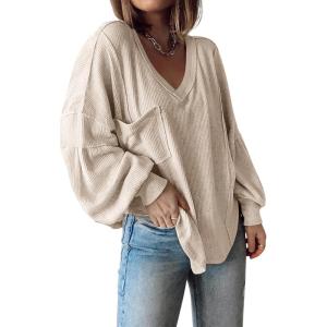 imageBTFBM Womens Casual V Neck Ribbed Knit Shirts 2025 Fall Pullover Tunic Tops Loose Balloon Long Sleeve Blouses TopSolid Apricot
