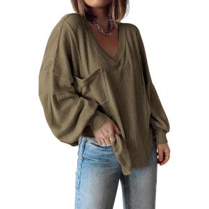 imageBTFBM Womens Casual V Neck Ribbed Knit Shirts 2025 Fall Pullover Tunic Tops Loose Balloon Long Sleeve Blouses TopSolid Army Green