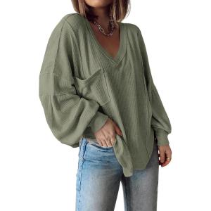 imageBTFBM Womens Casual V Neck Ribbed Knit Shirts 2025 Fall Pullover Tunic Tops Loose Balloon Long Sleeve Blouses TopSolid Bean Green