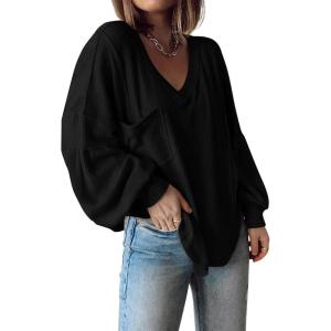 imageBTFBM Womens Casual V Neck Ribbed Knit Shirts 2025 Fall Pullover Tunic Tops Loose Balloon Long Sleeve Blouses TopSolid Black