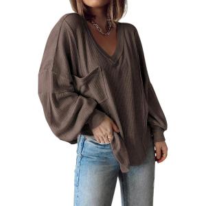 imageBTFBM Womens Casual V Neck Ribbed Knit Shirts 2025 Fall Pullover Tunic Tops Loose Balloon Long Sleeve Blouses TopSolid Brown