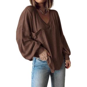 imageBTFBM Womens Casual V Neck Ribbed Knit Shirts 2025 Fall Pullover Tunic Tops Loose Balloon Long Sleeve Blouses TopSolid Caramel