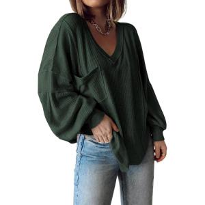 imageBTFBM Womens Casual V Neck Ribbed Knit Shirts 2025 Fall Pullover Tunic Tops Loose Balloon Long Sleeve Blouses TopSolid Dark Army Green
