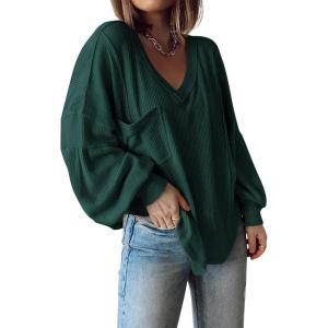 imageBTFBM Womens Casual V Neck Ribbed Knit Shirts 2025 Fall Pullover Tunic Tops Loose Balloon Long Sleeve Blouses TopSolid Dark Green