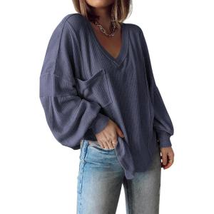 imageBTFBM Womens Casual V Neck Ribbed Knit Shirts 2025 Fall Pullover Tunic Tops Loose Balloon Long Sleeve Blouses TopSolid Dark Grey Blue