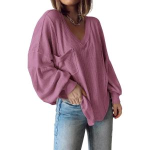 imageBTFBM Womens Casual V Neck Ribbed Knit Shirts 2025 Fall Pullover Tunic Tops Loose Balloon Long Sleeve Blouses TopSolid Dusty Pink