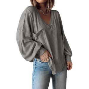 imageBTFBM Womens Casual V Neck Ribbed Knit Shirts 2025 Fall Pullover Tunic Tops Loose Balloon Long Sleeve Blouses TopSolid Grey