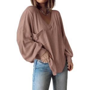 imageBTFBM Womens Casual V Neck Ribbed Knit Shirts 2025 Fall Pullover Tunic Tops Loose Balloon Long Sleeve Blouses TopSolid Khaki