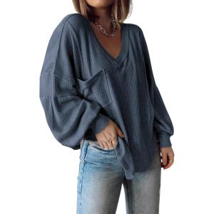 imageBTFBM Womens Casual V Neck Ribbed Knit Shirts 2025 Fall Pullover Tunic Tops Loose Balloon Long Sleeve Blouses TopSolid Light Grey Blue