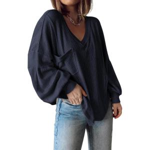 imageBTFBM Womens Casual V Neck Ribbed Knit Shirts 2025 Fall Pullover Tunic Tops Loose Balloon Long Sleeve Blouses TopSolid Navy