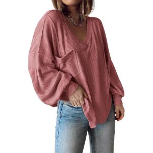 imageBTFBM Womens Casual V Neck Ribbed Knit Shirts 2025 Fall Pullover Tunic Tops Loose Balloon Long Sleeve Blouses TopSolid Pink