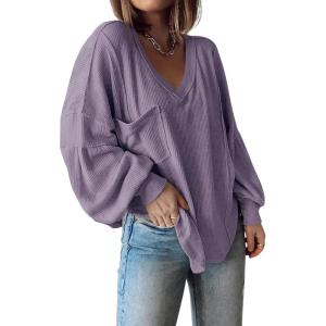 imageBTFBM Womens Casual V Neck Ribbed Knit Shirts 2025 Fall Pullover Tunic Tops Loose Balloon Long Sleeve Blouses TopSolid Taro Purple