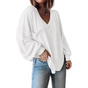 imageBTFBM Womens Casual V Neck Ribbed Knit Shirts 2025 Fall Pullover Tunic Tops Loose Balloon Long Sleeve Blouses TopSolid White