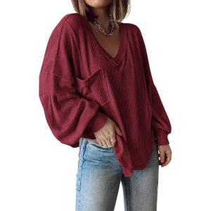 imageBTFBM Womens Casual V Neck Ribbed Knit Shirts 2025 Fall Pullover Tunic Tops Loose Balloon Long Sleeve Blouses TopSolid Wine Red