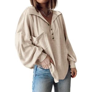 imageBTFBM Womens Casual V Neck Ribbed Knit Shirts 2025 Fall Pullover Tunic Tops Loose Balloon Long Sleeve Blouses TopTurndown Apricot