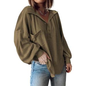 imageBTFBM Womens Casual V Neck Ribbed Knit Shirts 2025 Fall Pullover Tunic Tops Loose Balloon Long Sleeve Blouses TopTurndown Army Green