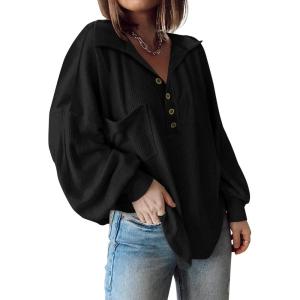 imageBTFBM Womens Casual V Neck Ribbed Knit Shirts 2025 Fall Pullover Tunic Tops Loose Balloon Long Sleeve Blouses TopTurndown Black