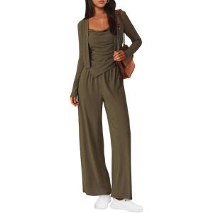 imageBTFBM Womens Fall Lounge Sets 3 Piece Outfit Tracksuits Casual Long Sleeve Tops High Waisted Sweatpants SetSolid Army Green