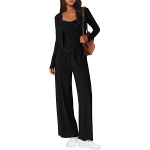 imageBTFBM Womens Fall Lounge Sets 3 Piece Outfit Tracksuits Casual Long Sleeve Tops High Waisted Sweatpants SetSolid Black