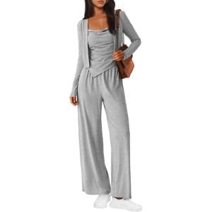 imageBTFBM Womens Fall Lounge Sets 3 Piece Outfit Tracksuits Casual Long Sleeve Tops High Waisted Sweatpants SetSolid Grey