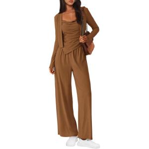 imageBTFBM Womens Fall Lounge Sets 3 Piece Outfit Tracksuits Casual Long Sleeve Tops High Waisted Sweatpants SetSolid Khaki
