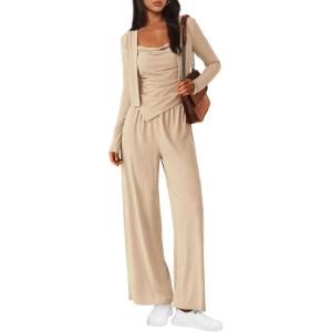 imageBTFBM Womens Fall Lounge Sets 3 Piece Outfit Tracksuits Casual Long Sleeve Tops High Waisted Sweatpants SetSolid Light Khaki