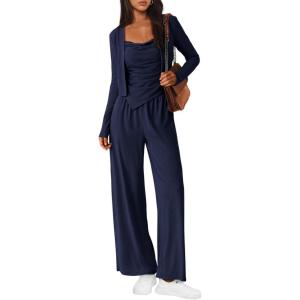 imageBTFBM Womens Fall Lounge Sets 3 Piece Outfit Tracksuits Casual Long Sleeve Tops High Waisted Sweatpants SetSolid Navy